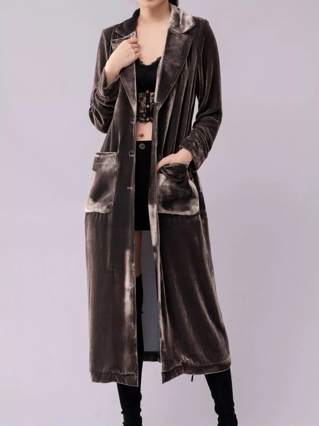 Velvet Lapel Collar Longline Coat