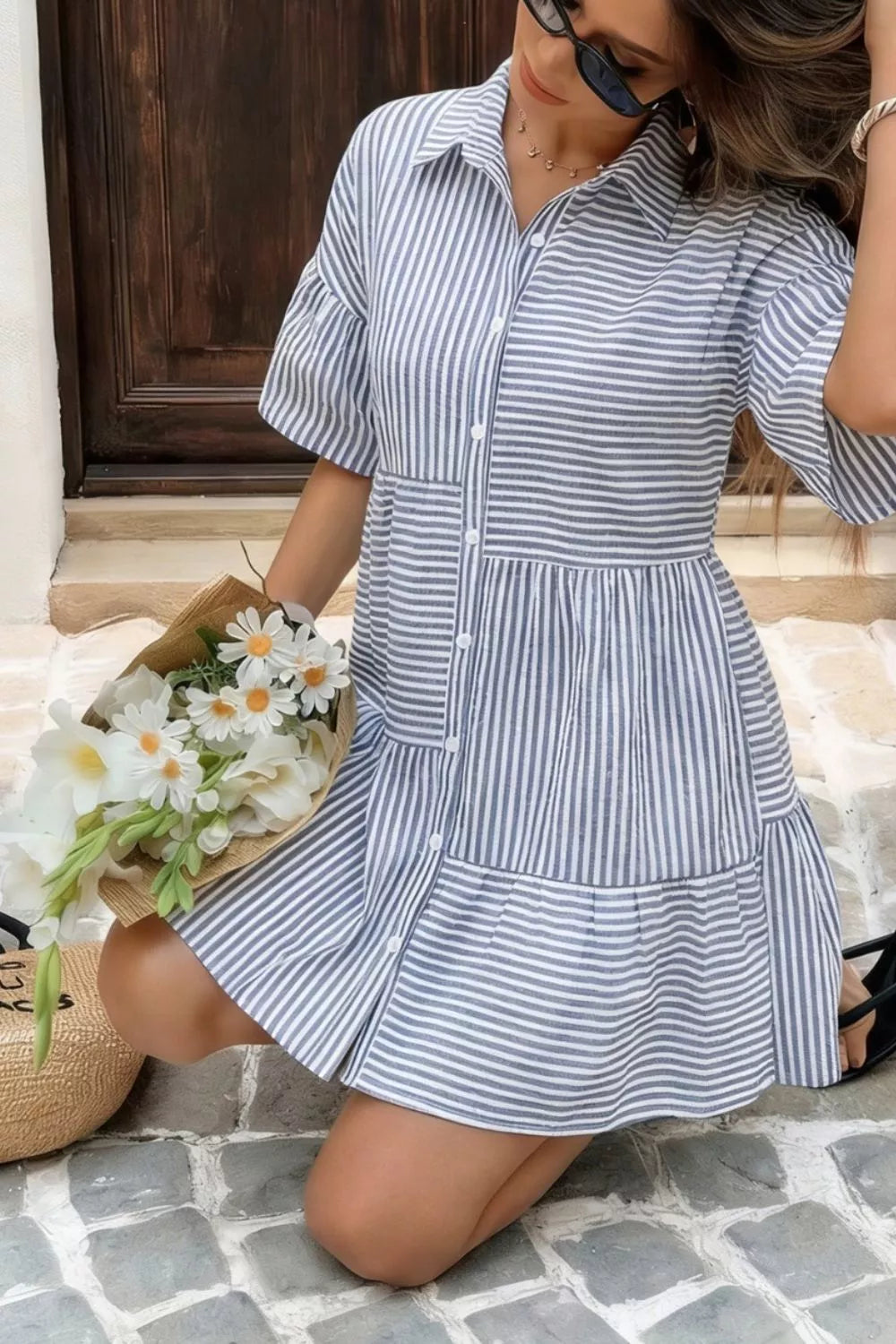 Striped Button-Up Ruffle Hem Mini Dress