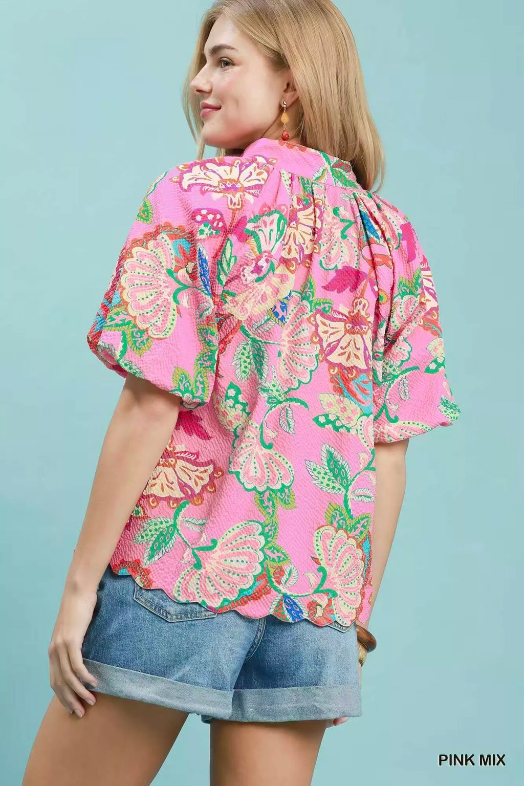 Umgee Mix Floral Print Scallop Hem Blouse