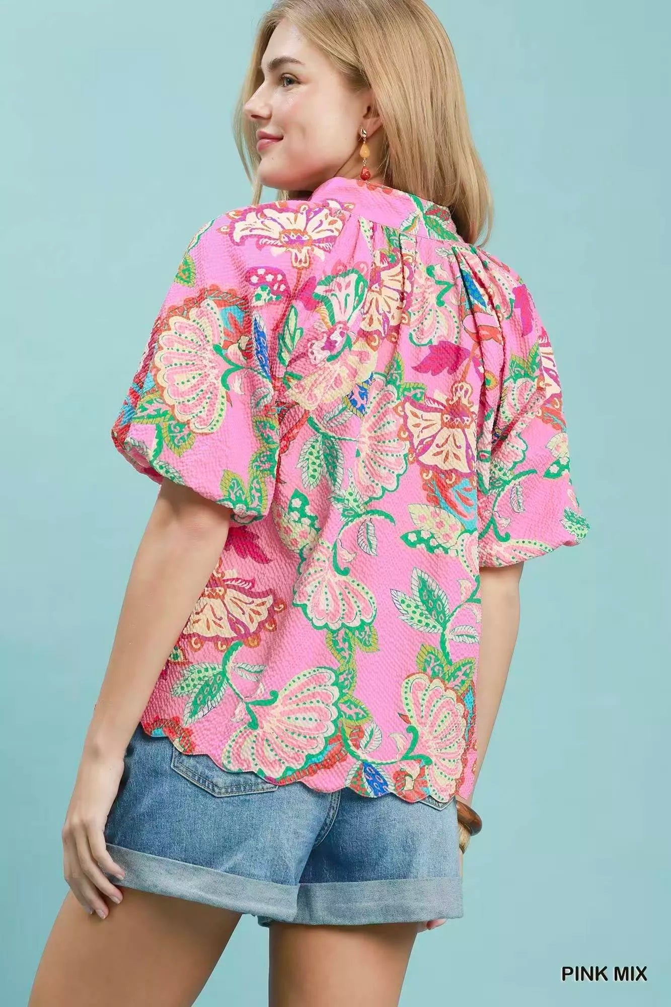 Umgee Mix Floral Print Scallop Hem Blouse