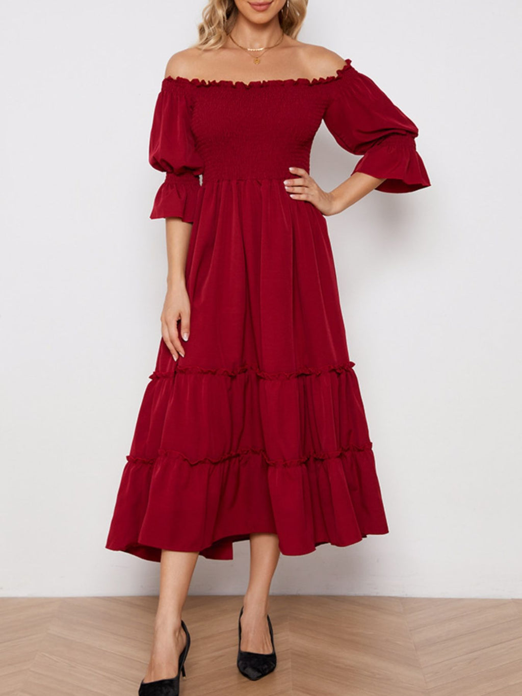 Smocked Off-Shoulder Ruffle Hem Midi Dress