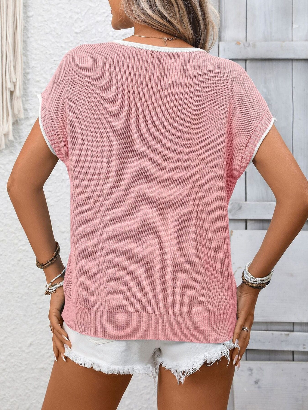 Contrast Trim Short Sleeve Sweater