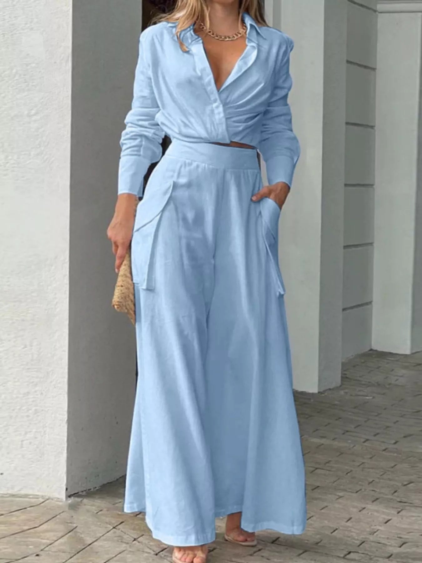 Long Sleeve Shirt and Wide Leg Pants Set