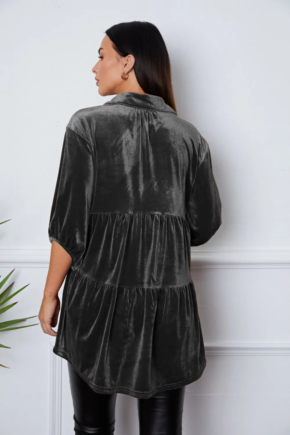 Velvet Tiered Button Up Collared Neck Shirt