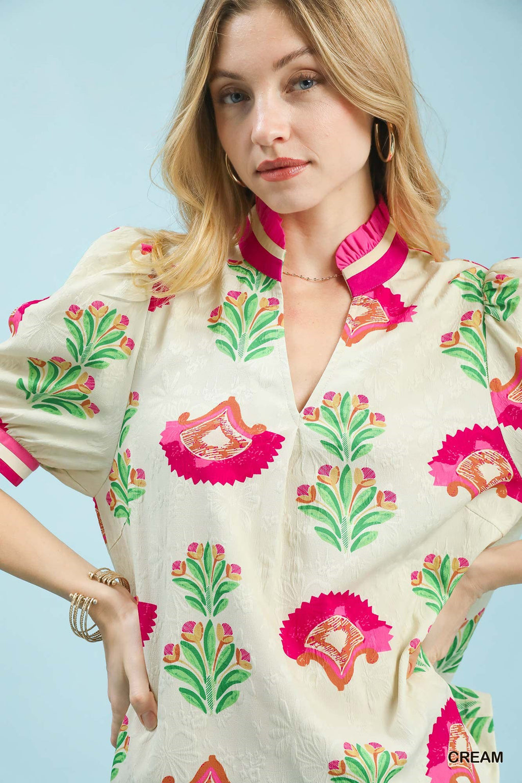 Umgee Print Puff Sleeve Blouse with Contrast Trim