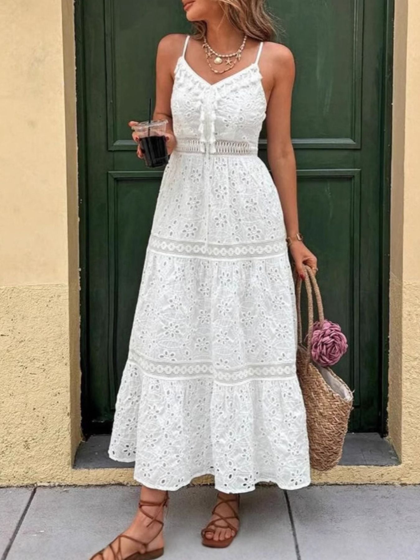Eyelet Embroidered Cami Dress with Tassel Detail