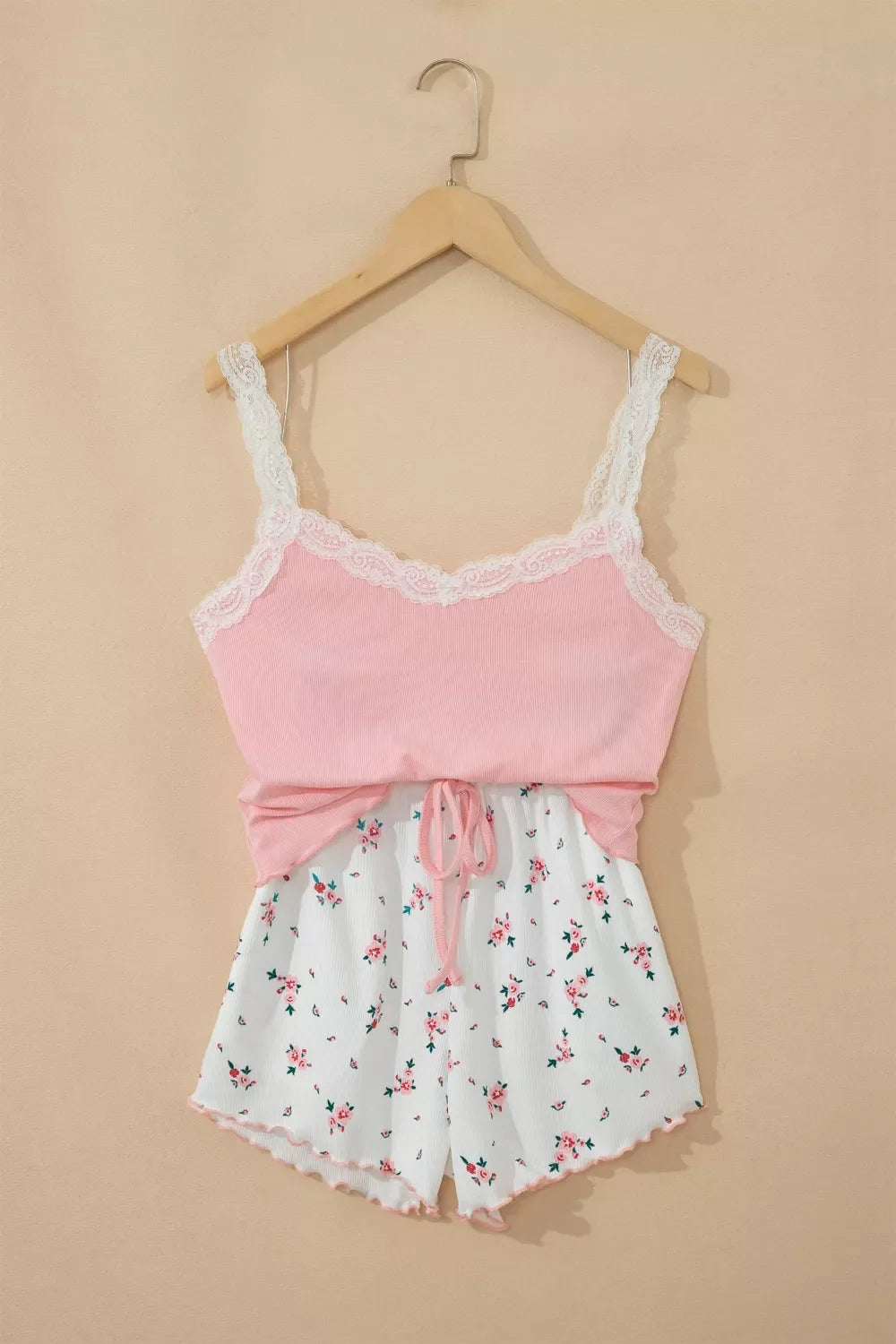 Ribbed Knit Lace Straps Patchwork Lettuce Hem Cropped Top Floral Short Lounge Set
