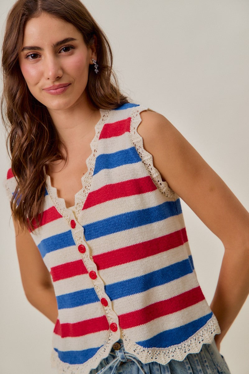 SO ME Fourth Of July Stripe Button Down Vest Top