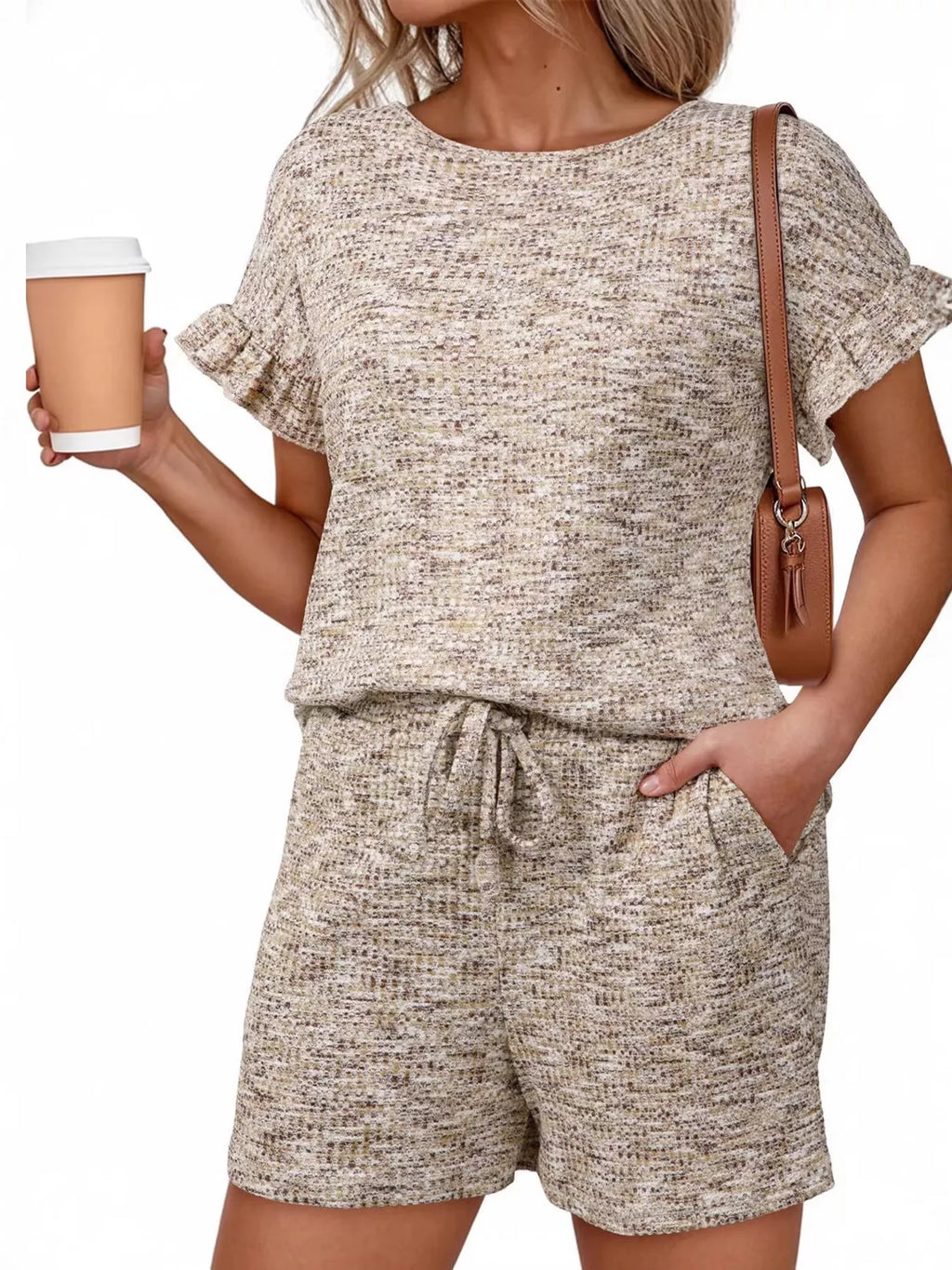 Ruffle Sleeve Textured Top and Shorts Set