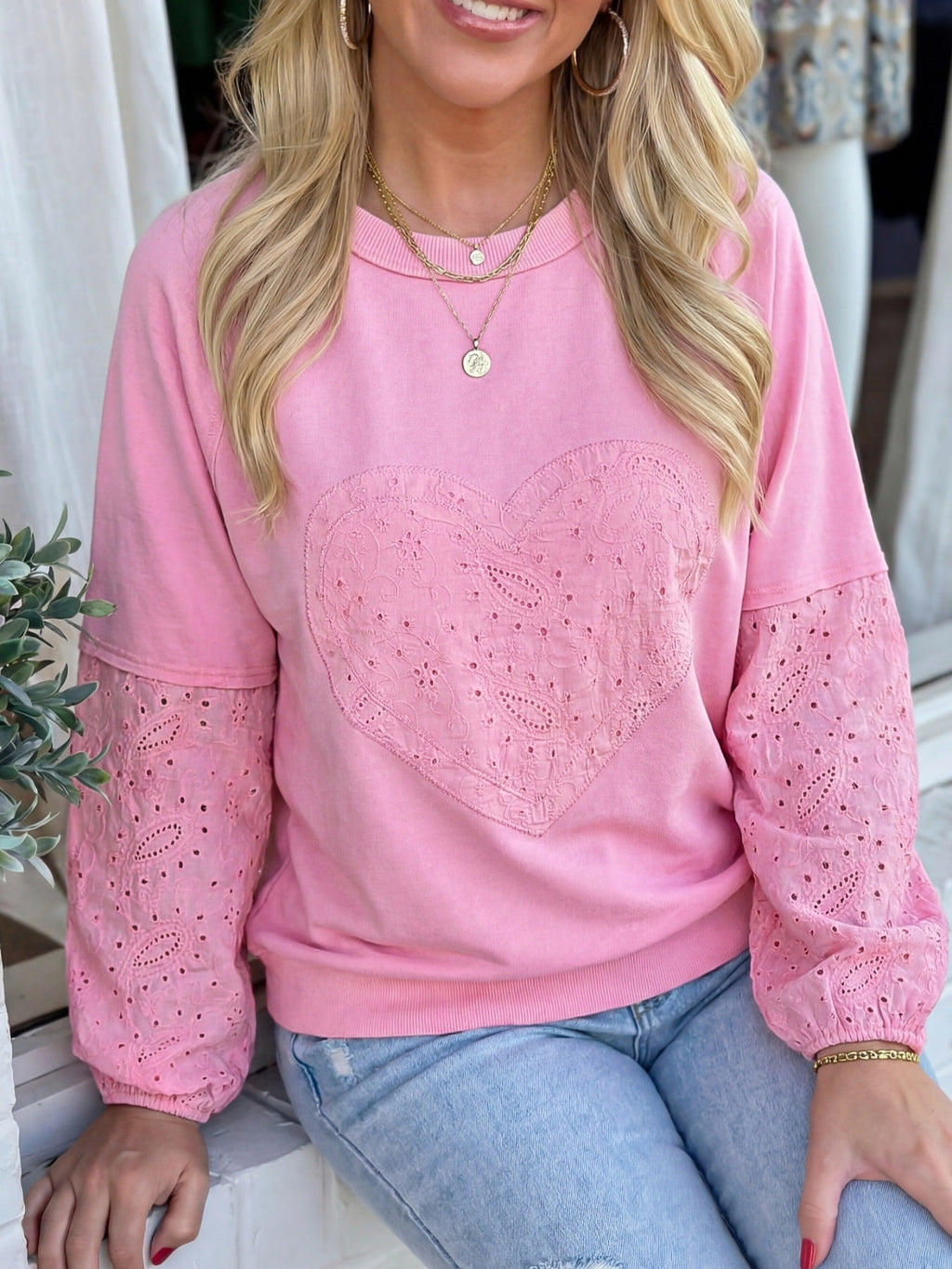 Heart Pattern Long Sleeve Patchwork Top