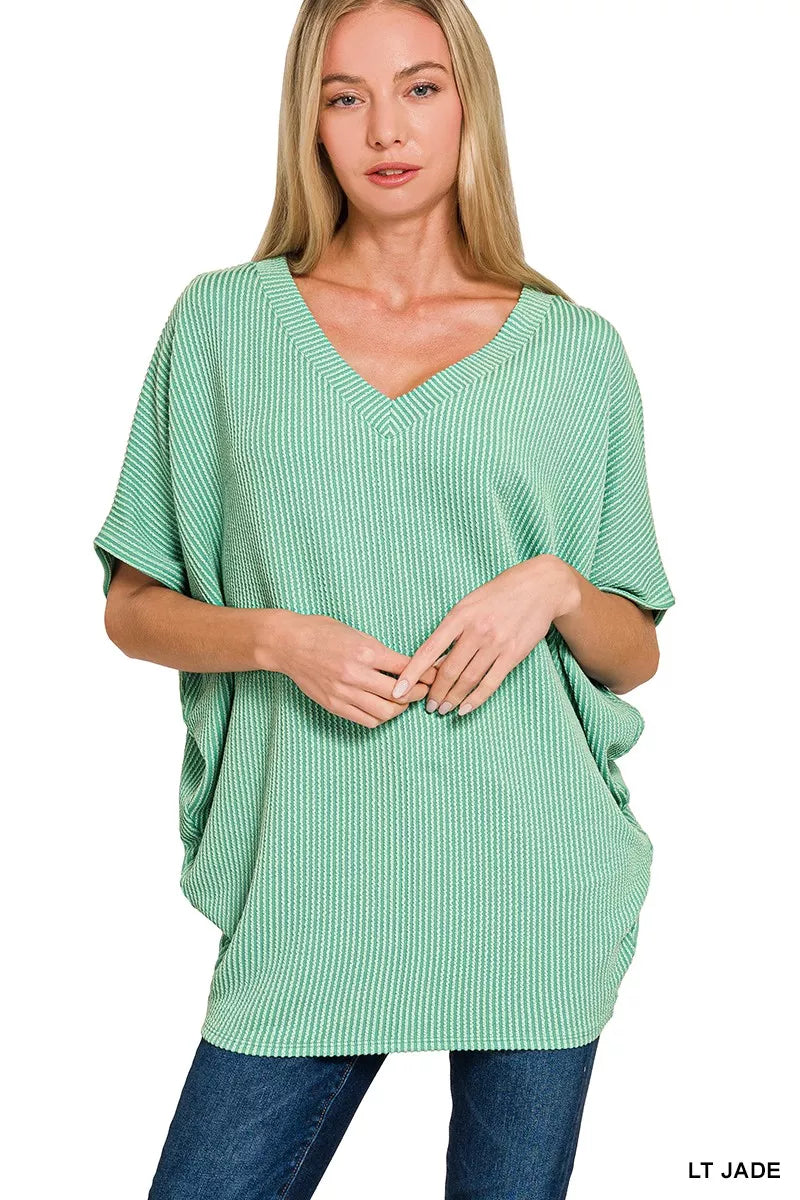 Zenana Raised Rib V-Neck Batwing Top