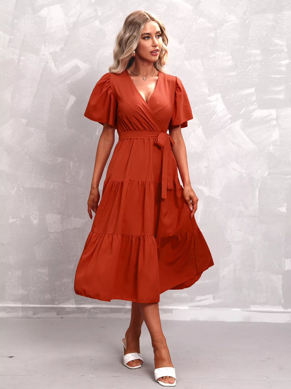 Flutter Sleeve Tiered Midi Dress