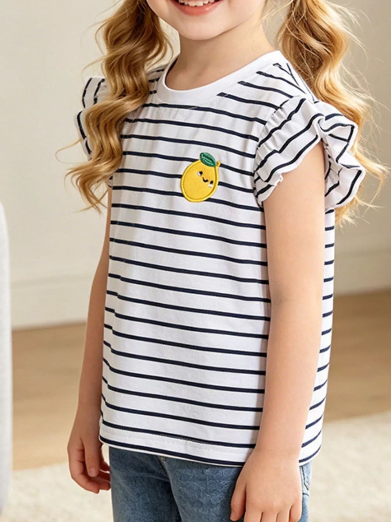 Children's Lemon Striped Ruffle Sleeve T-Shirt