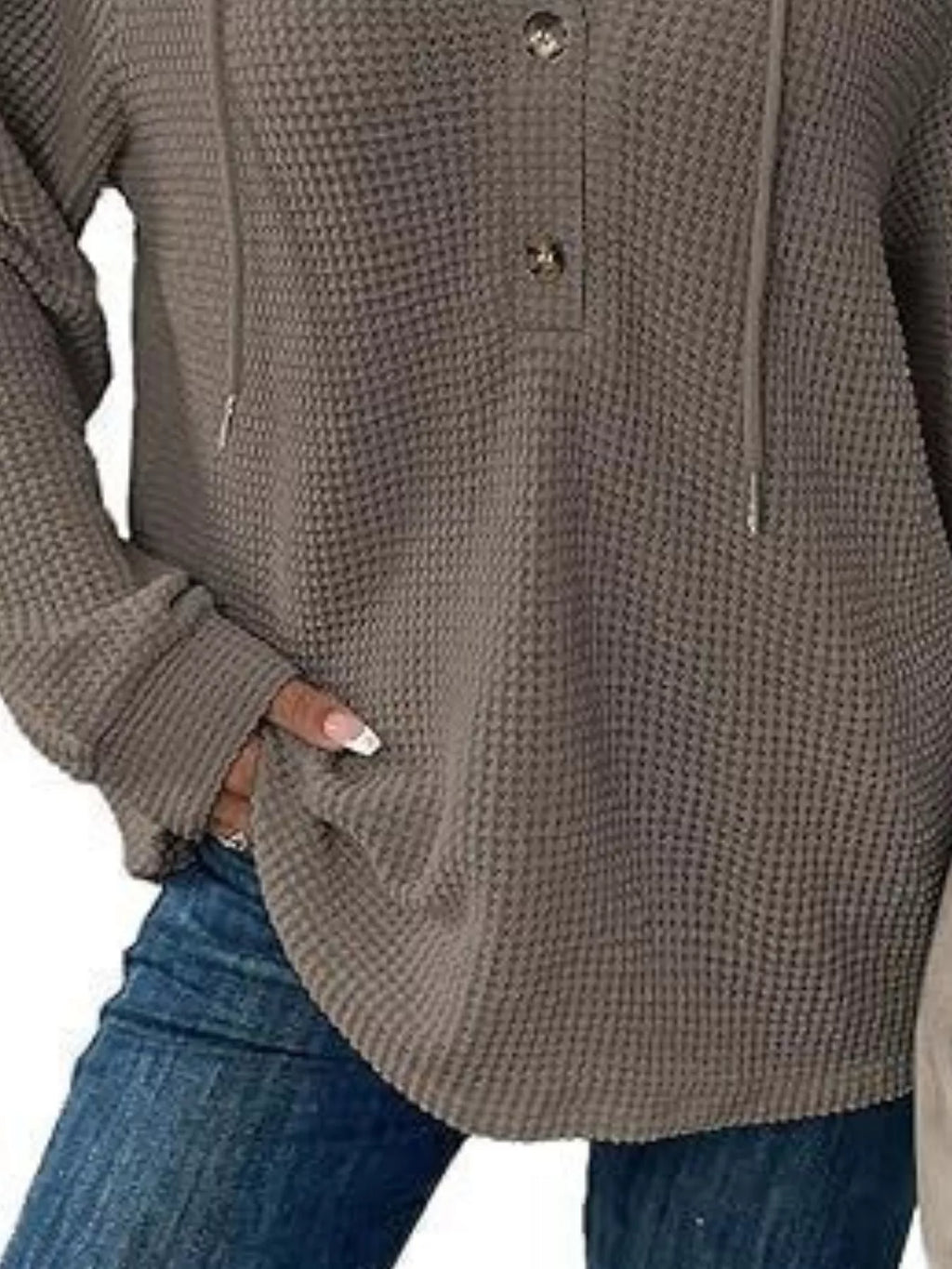 Full Size Button Detail Waffle Knit Hoodie Plus Size