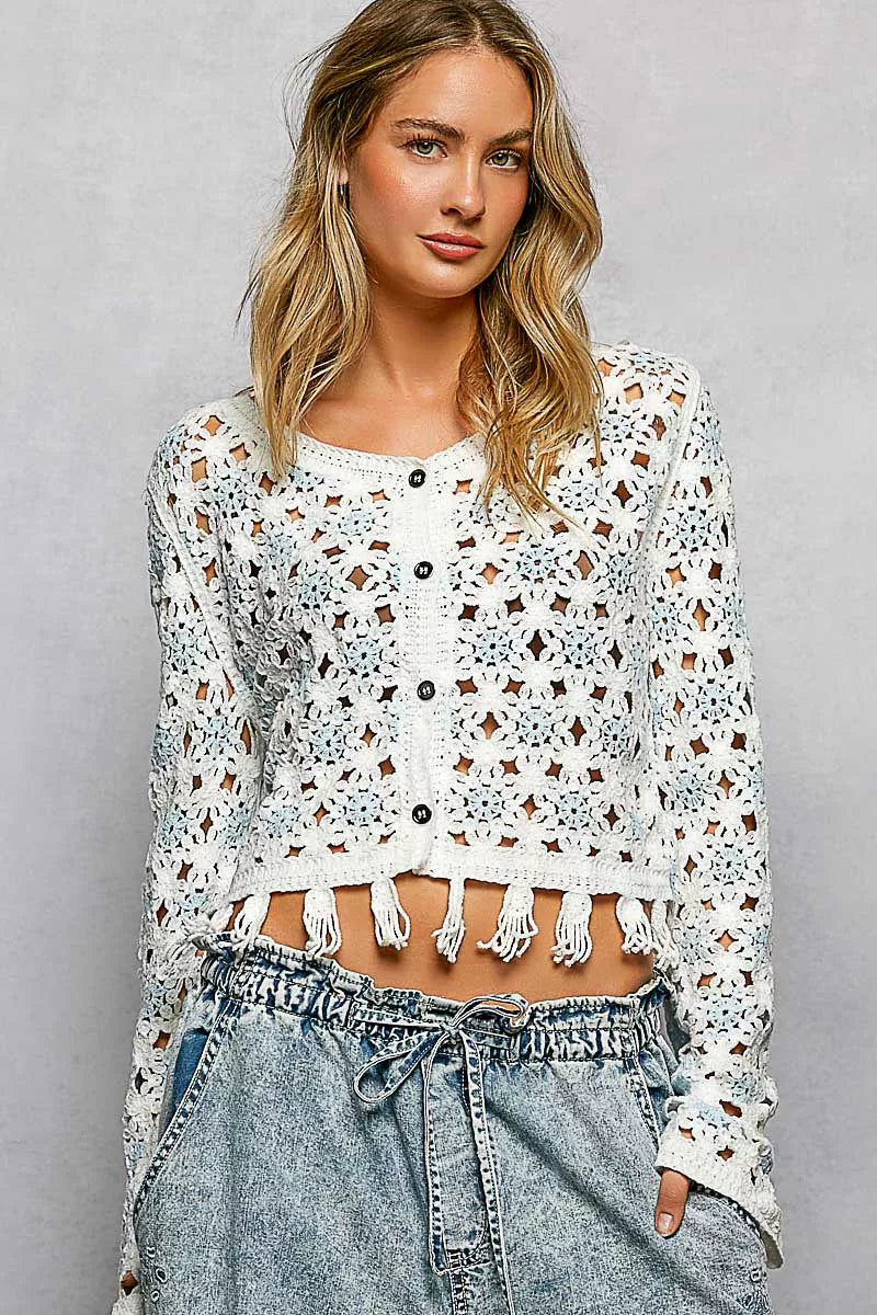 POL Openwork Floral Crochet Cardigan with Tassel Hem