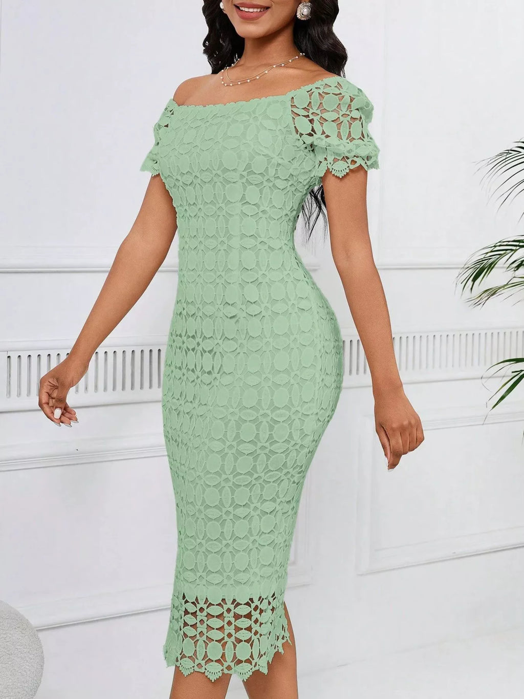 Lace Short Sleeve Midi Dress
