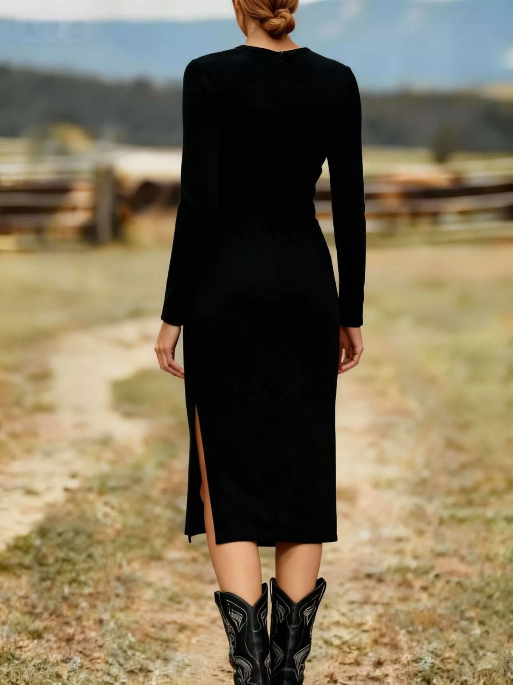 Suede Fringe Long Sleeve Midi Dress