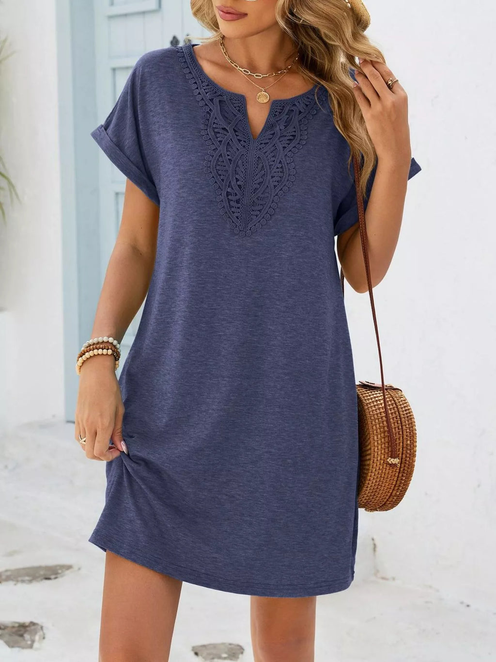 Lace Trim Notched Short Sleeve Dress