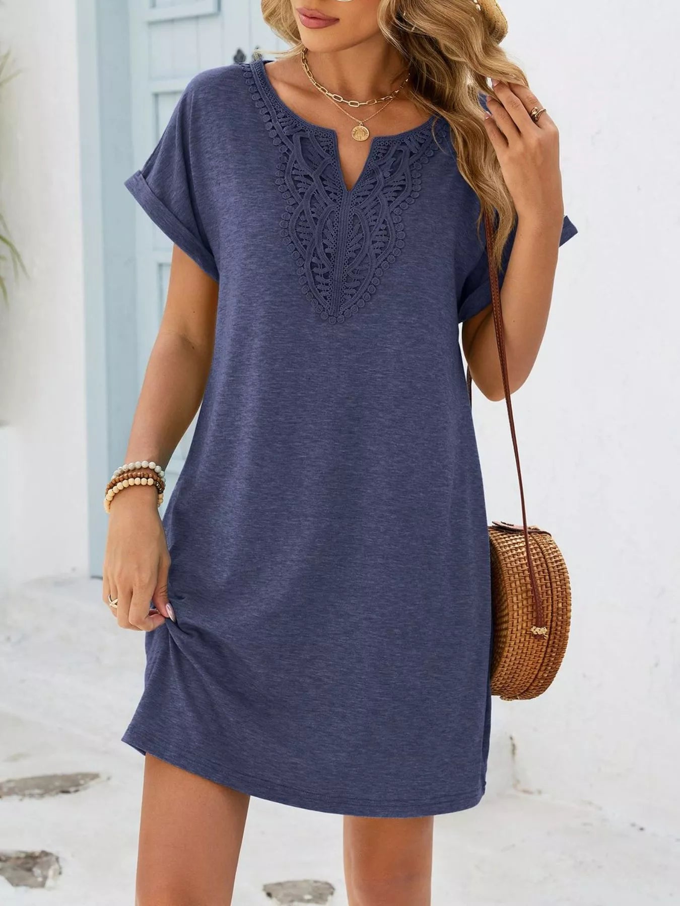 Lace Trim Notched Short Sleeve Dress