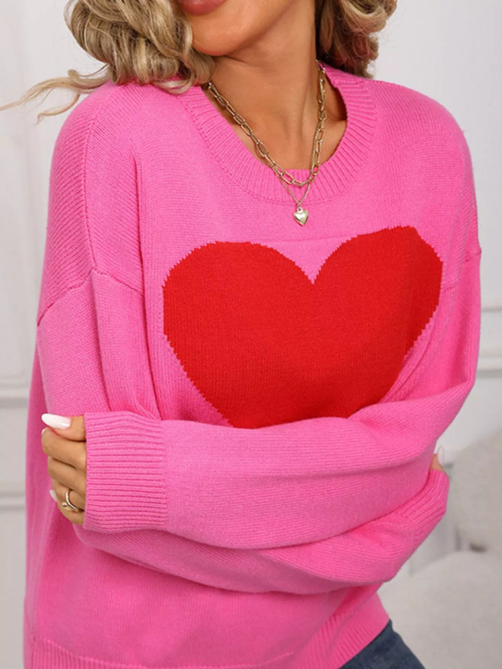 Valentine's Day Heart Round Neck Dropped Shoulder Sweater