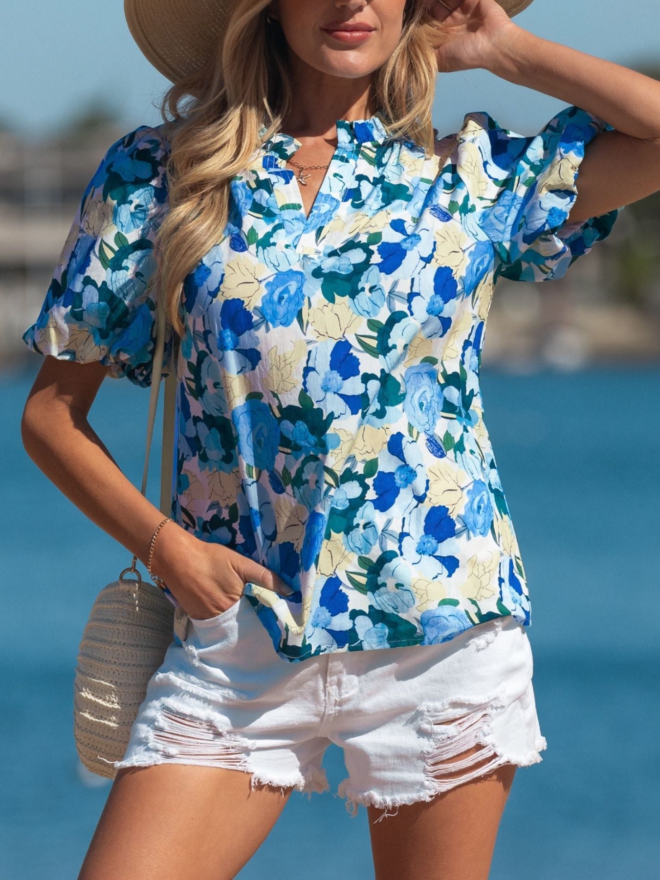 Floral Print Short Puff Sleeve V Neck Blouse