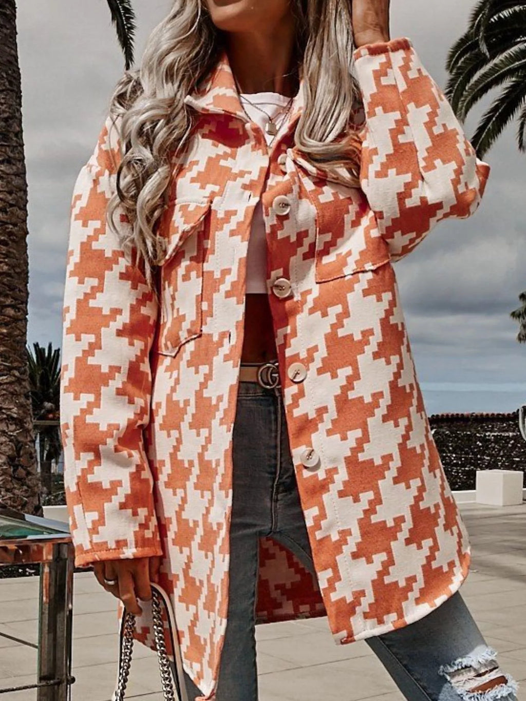 Houndstooth Button Up Long Sleeve Outerwear