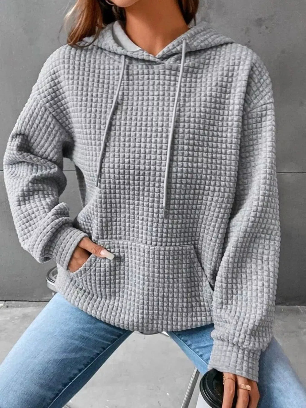 Waffle Knit Hoodie with Drawstring Details