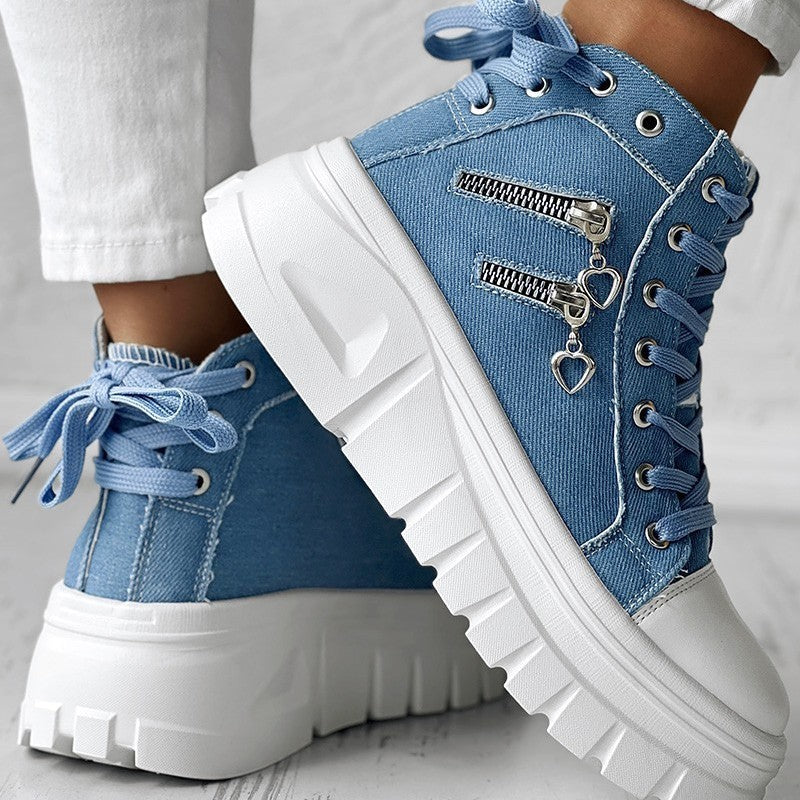 Muffin Heel Side-Zipper & Dual Lace-Up Casual Sneakers for Women