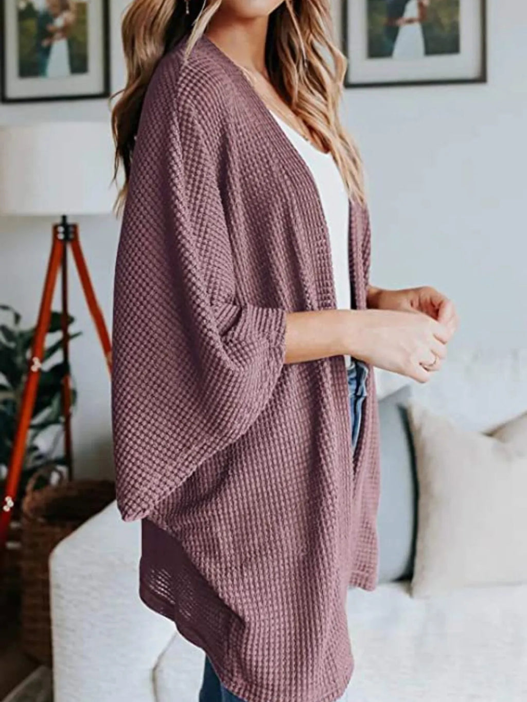 Full Size Open Front Waffle Knit Cardigan Plus Size