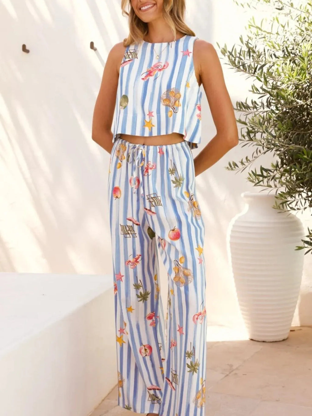 Printed Stripe Tank and Pants Set