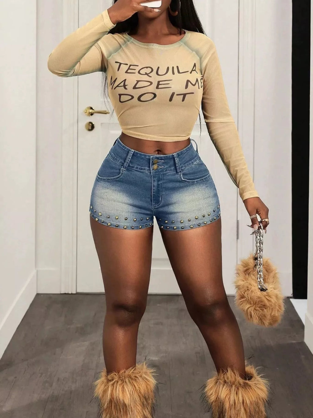 Studded High-Waisted Denim Shorts