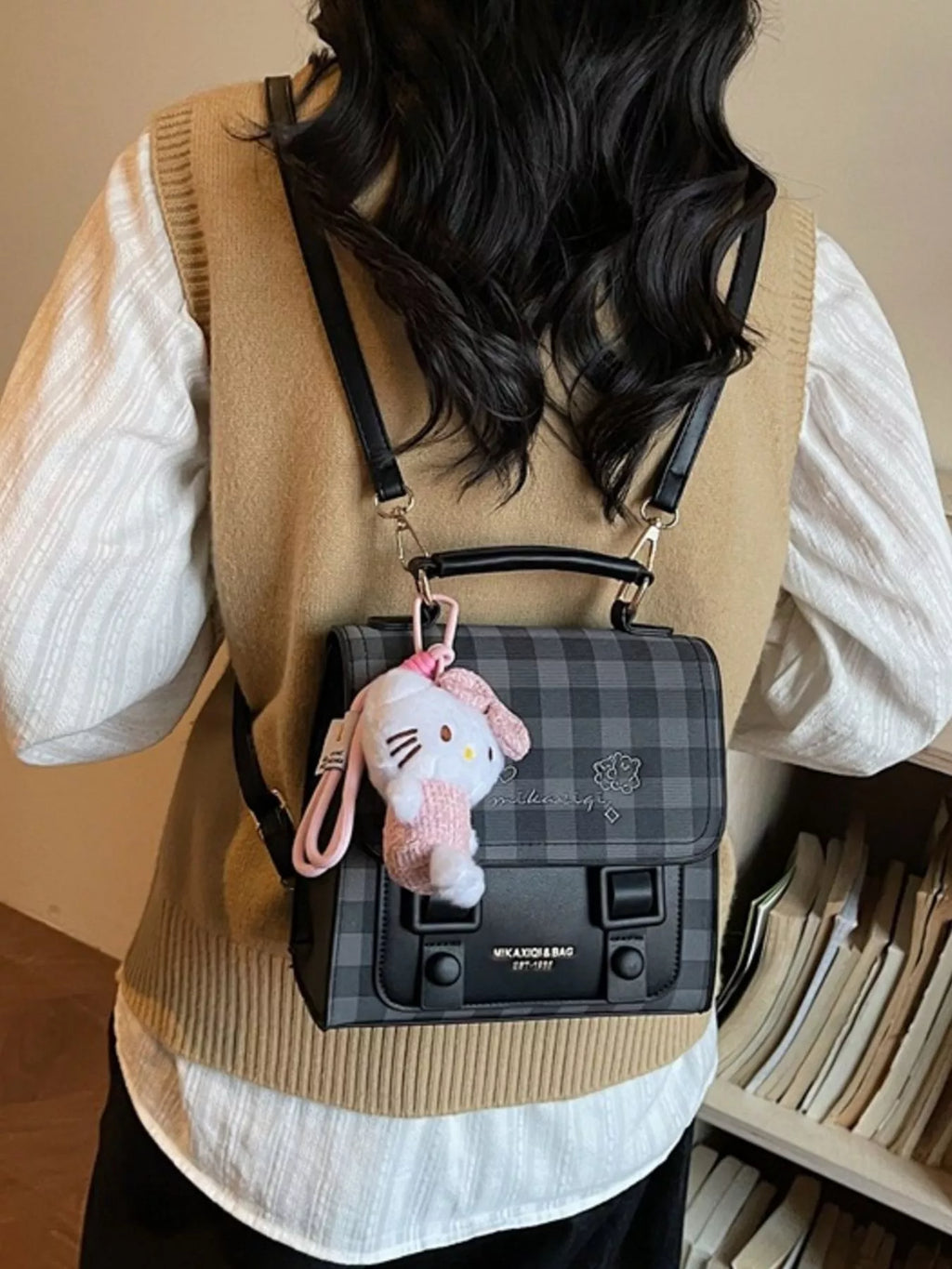 Plaid Pattern Embroidered Flap Backpack Bag