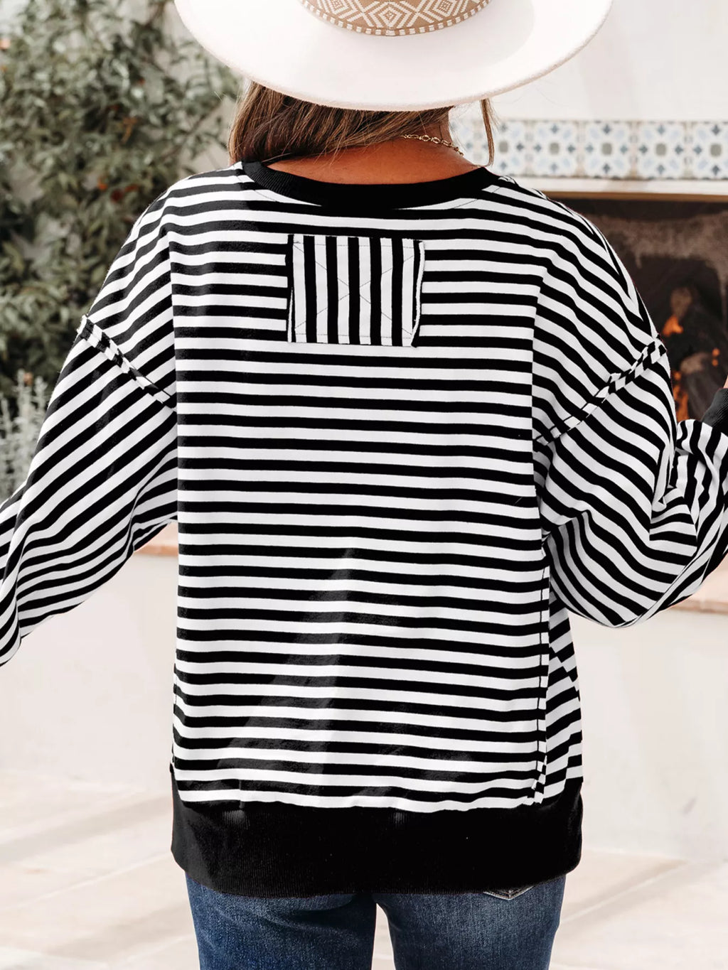Stripe Exposed Seam Drop Shoulder Casual Pullover Top