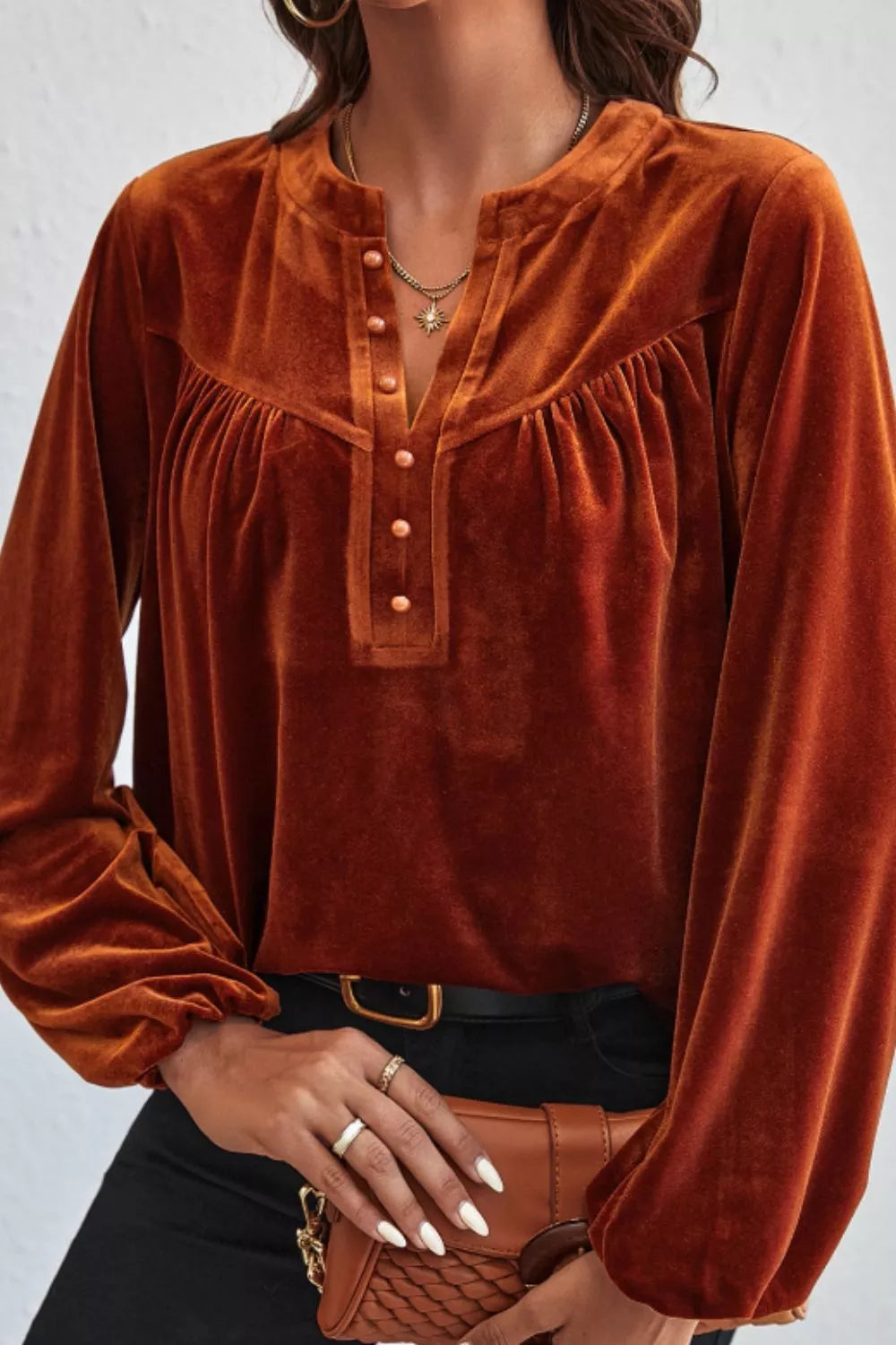 Notched Long Sleeve Velvet Top