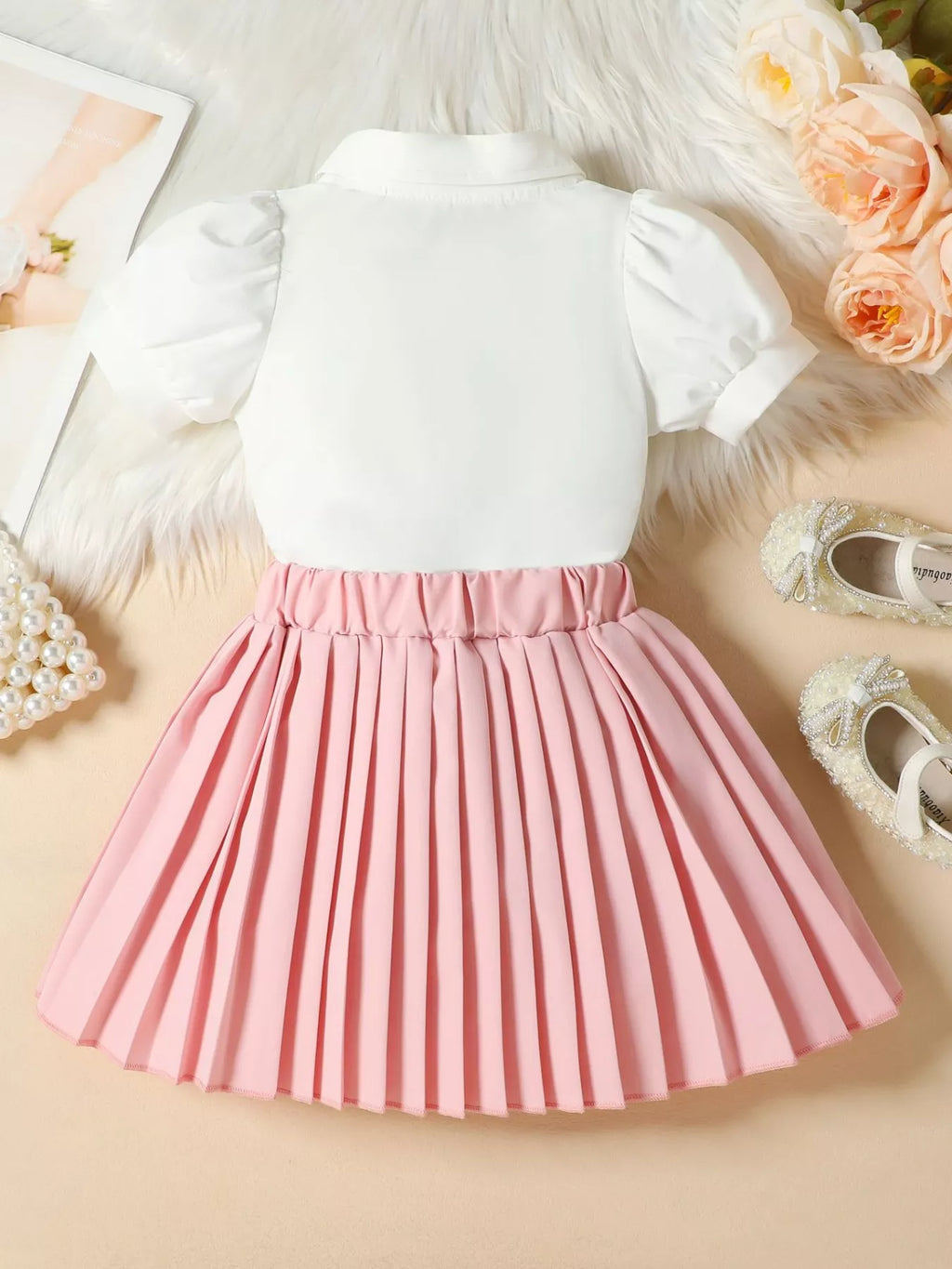 Children's Bow-Embellished Top & Pleated Skirt Set
