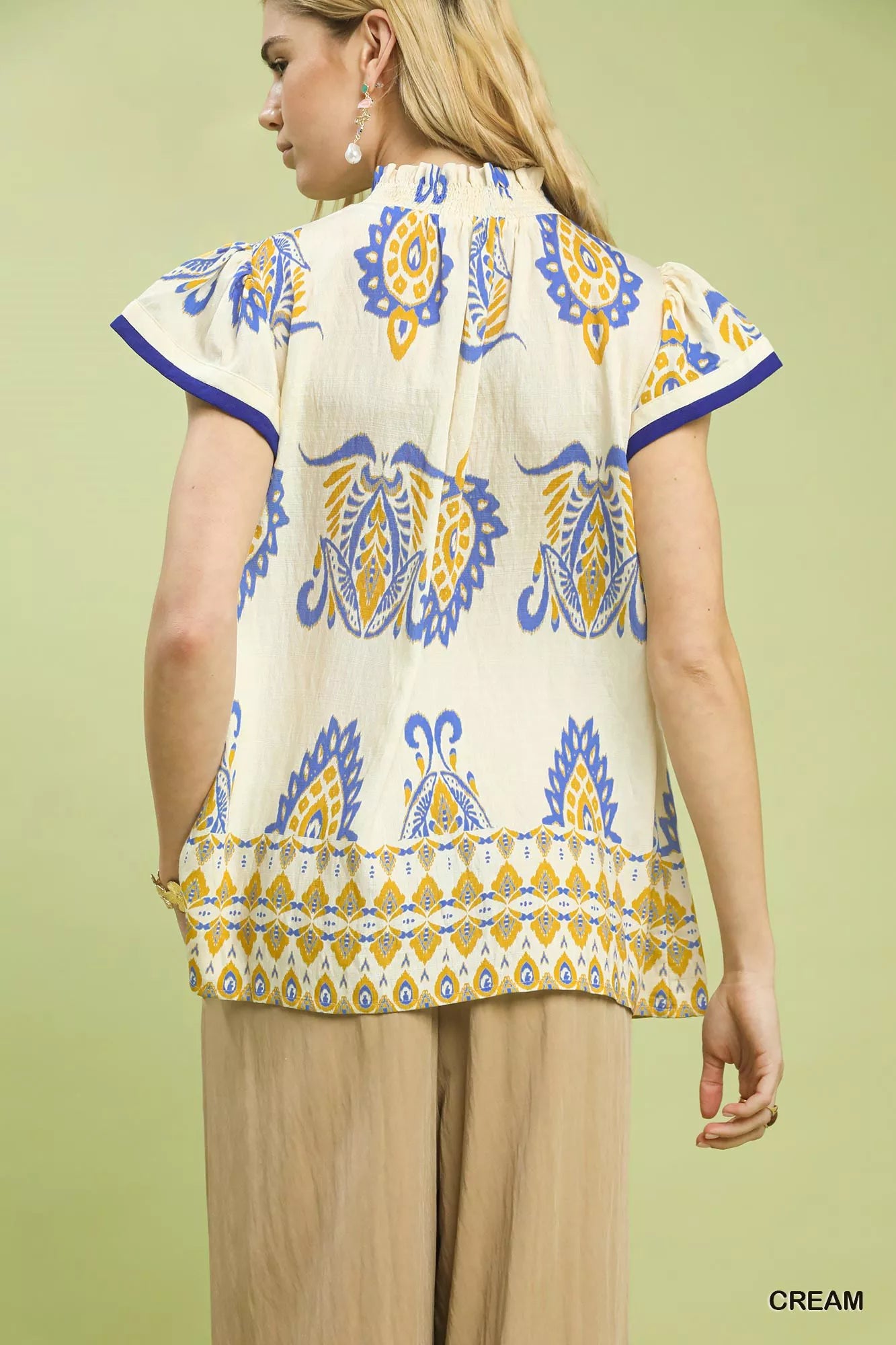 Umgee Border Print Split-Neck Boho Top