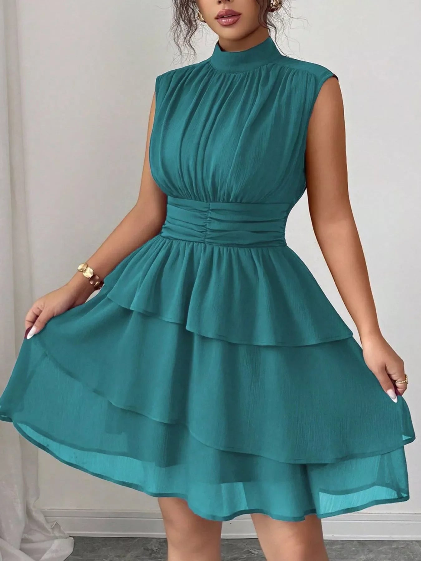 Sleeveless Mock Neck Layered Ruffle Dress