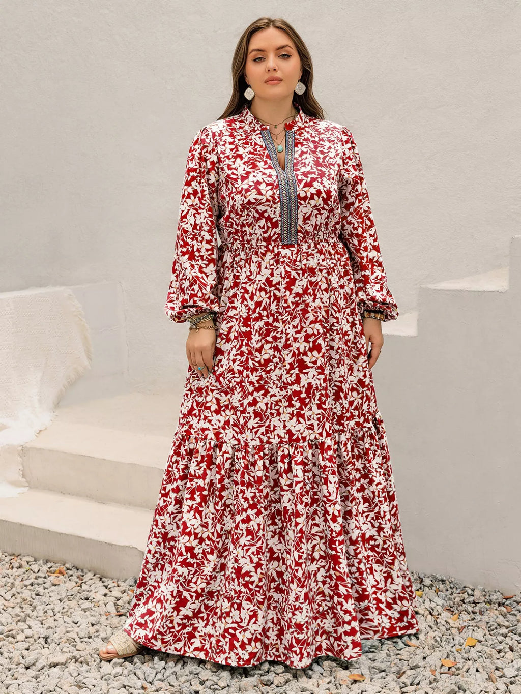 Plus Size Floral Print Long Sleeve Maxi Dress