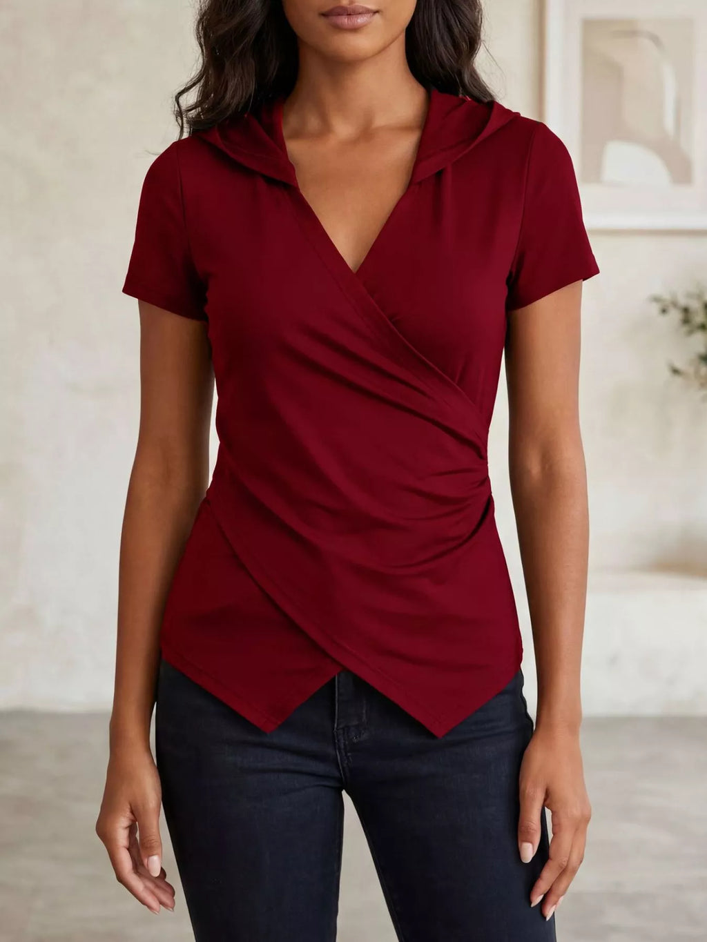 Hooded Wrap Front Slim Fit Top