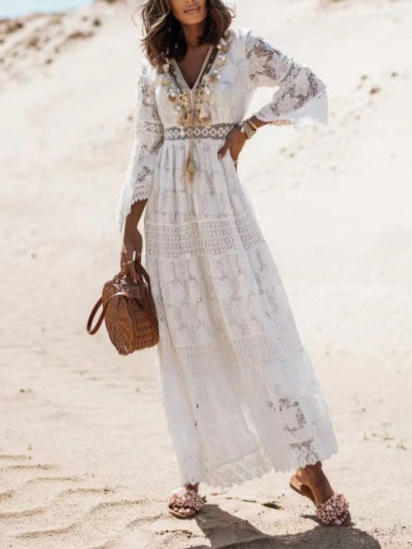 Bohemian Lace Maxi Dress with Bell Sleeves