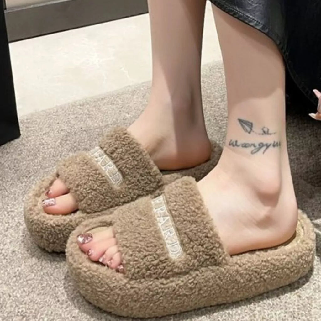 Fuzzy Plush Open Toe Slippers