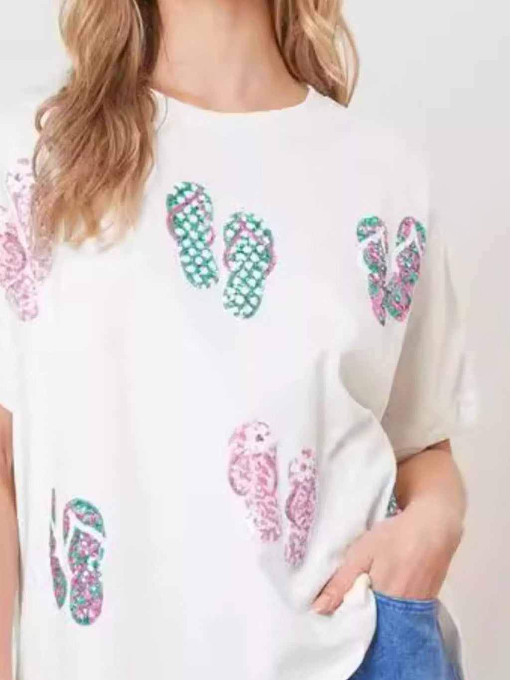Flip-Flop Print Round Neck Casual T-Shirt