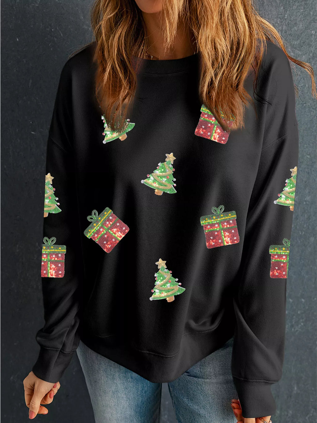 Sequin Christmas Trees Gifts Patched Drop Shoulder Sweatshirt