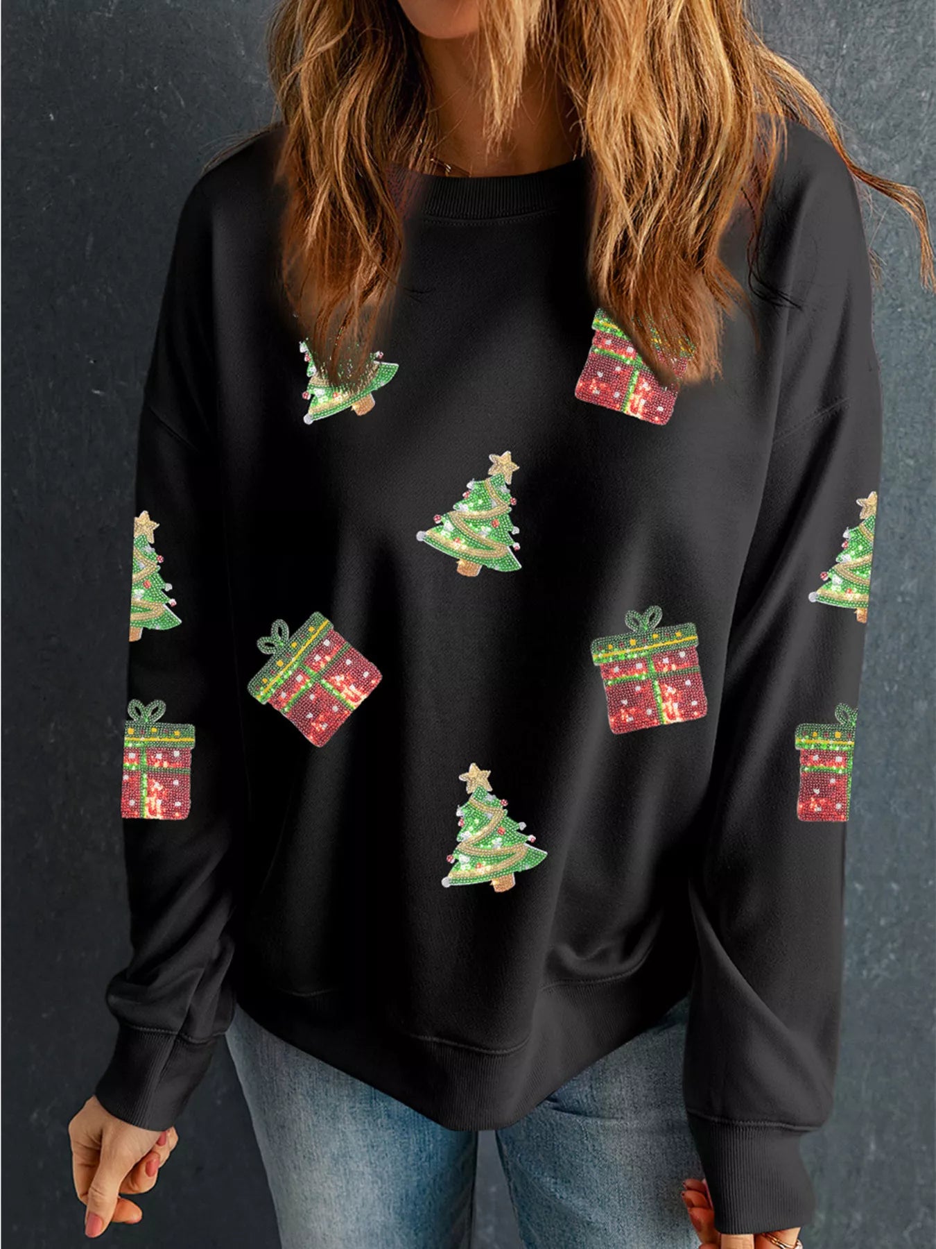Sequin Christmas Trees Gifts Patched Drop Shoulder Sweatshirt