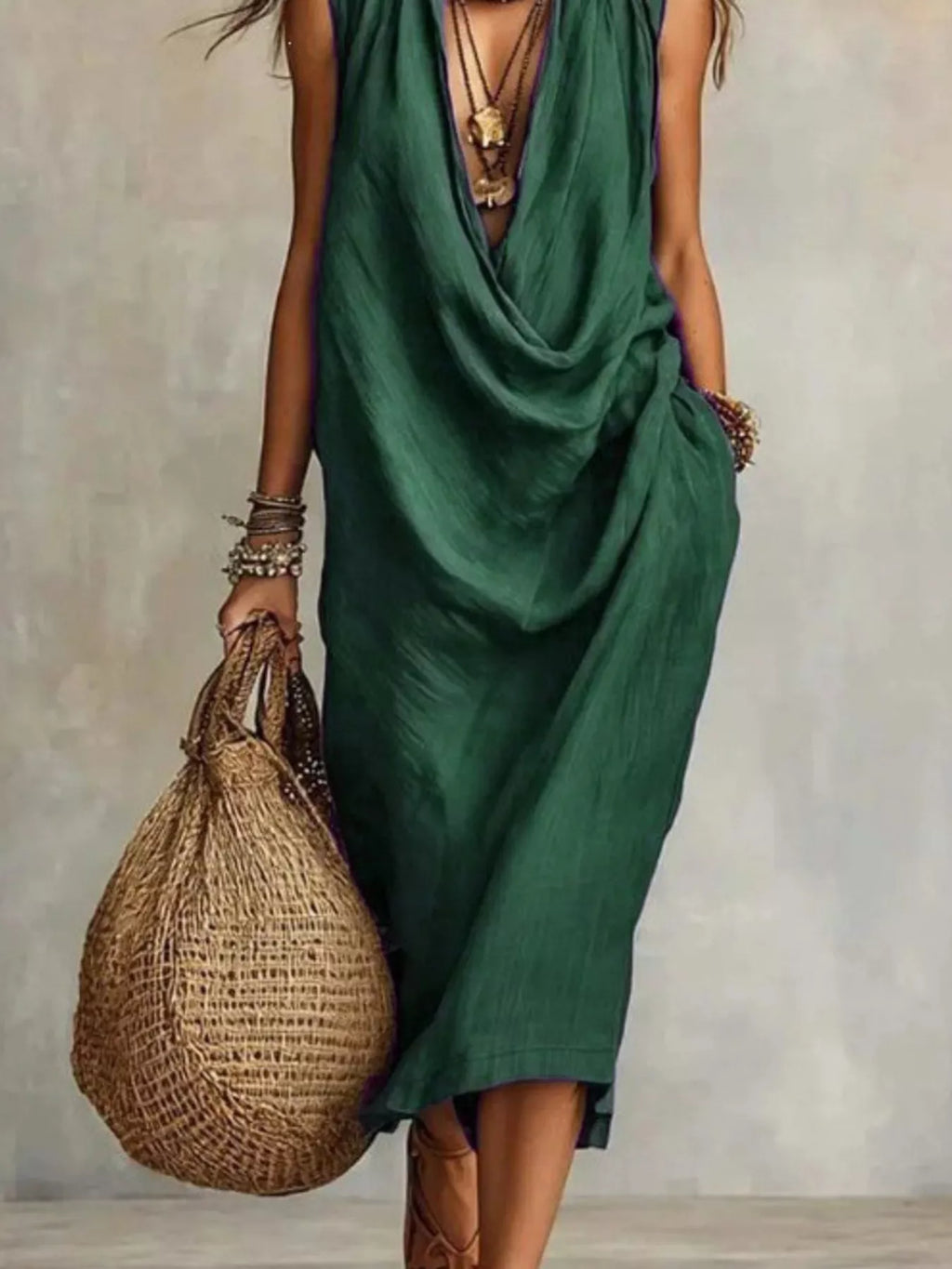 Sleeveless Drape Neck Midi Dress