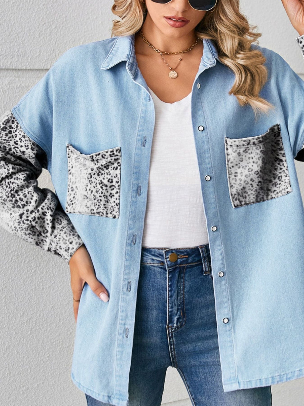 Leopard Patchwork Button Up Denim Shirt