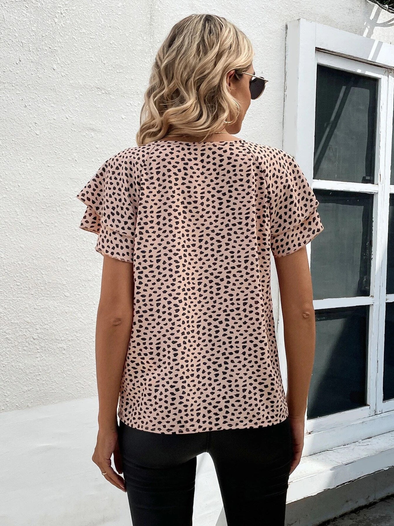 Animal Print Ruffle Sleeve Blouse