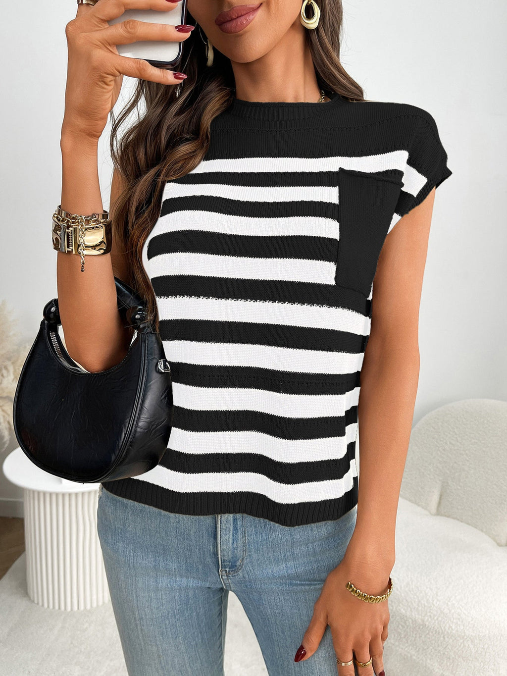Striped Knit Pocket Detail Cap Sleeve Sweater