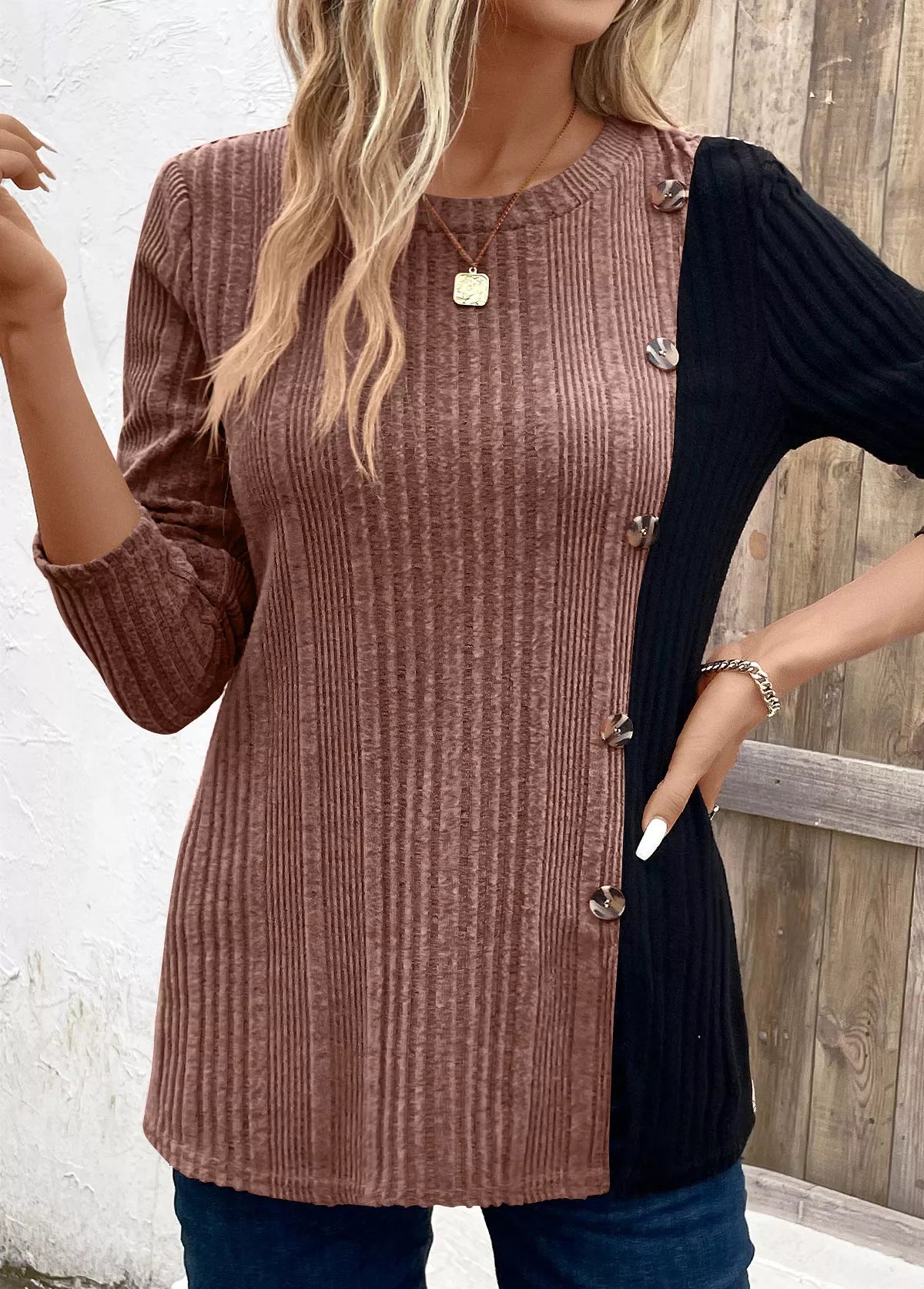 Color Block Ribbed Knit Decor Button T-Shirt