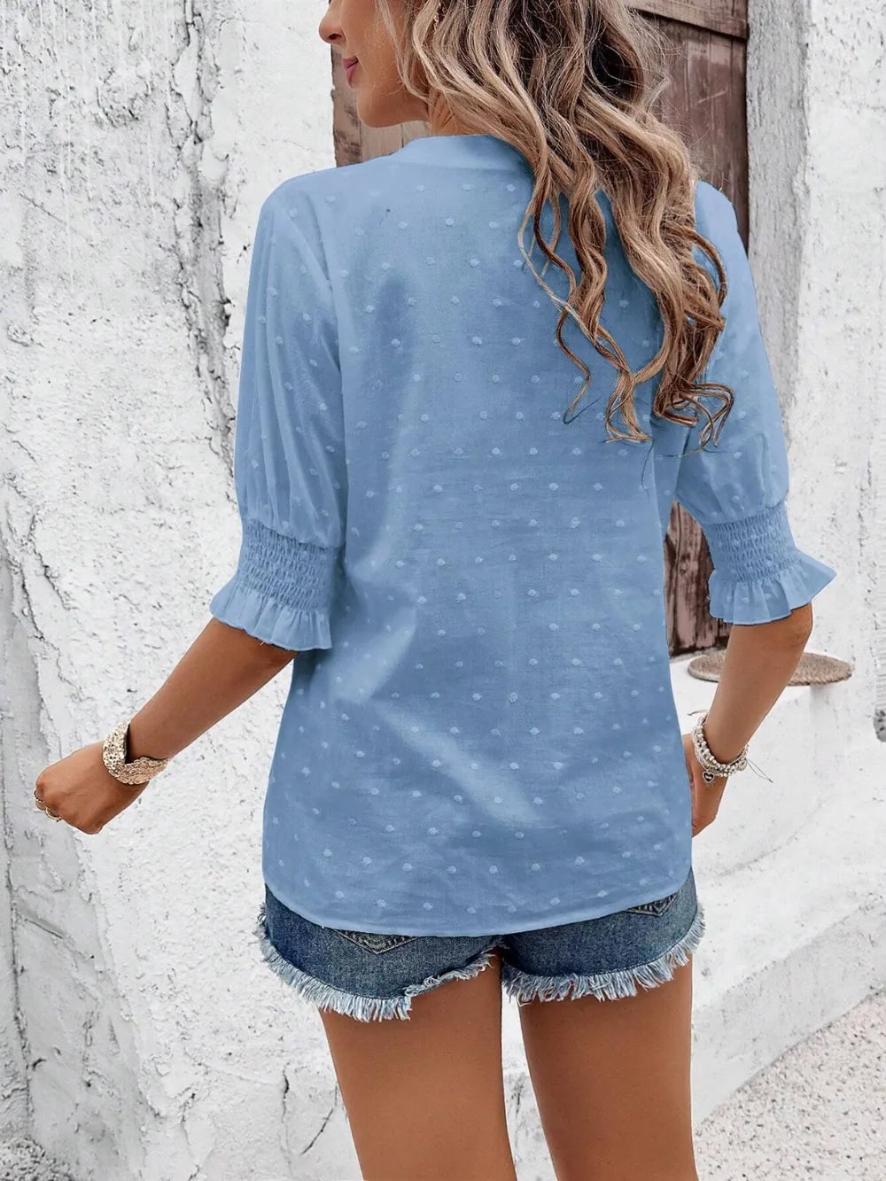 Eyelet Notched Flounce Sleeve Blouse